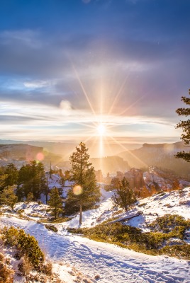 лучи солнце зима горы
