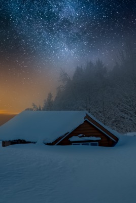 снег ночь зима домик звезды