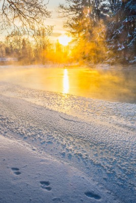 зима рассвет река снег