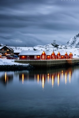 норвегия горы озеро снег деревня зима