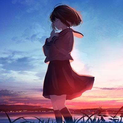 девочка аниме небо водоем трава