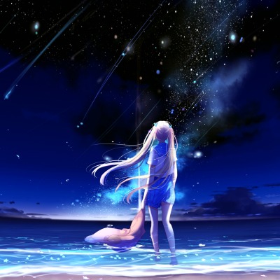 аниме девушка звезды ночь пляж