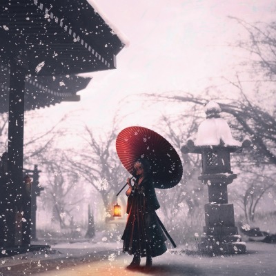 япония снег девушка зонт