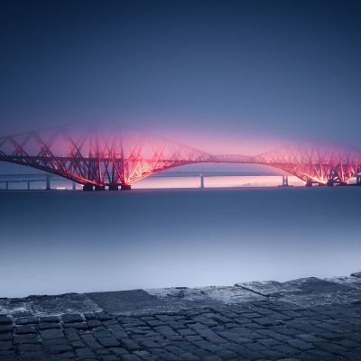 мост залив подсветка туман вечер сумерки