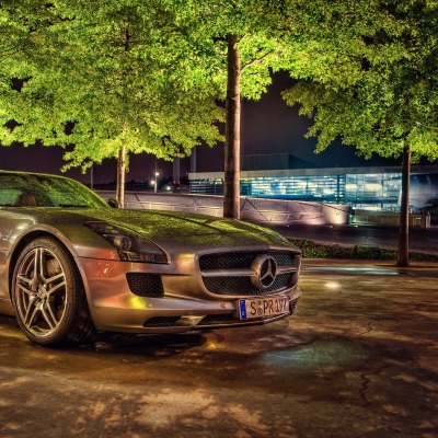 Mercedes SLS HDR стоянка деревья