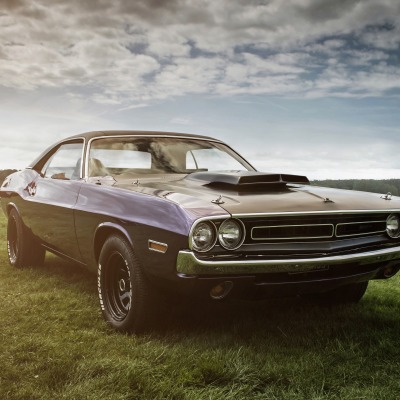 dodge challenger ретро небо лужайка равнина