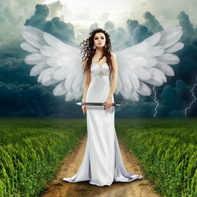 девушка ангел крылья поле молния хмурость