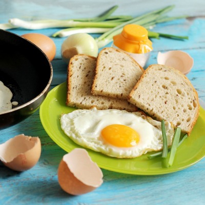 еда яичница хлеб яйца сковорода