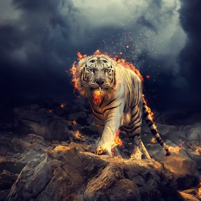 тигр огненный огонь камни мрак