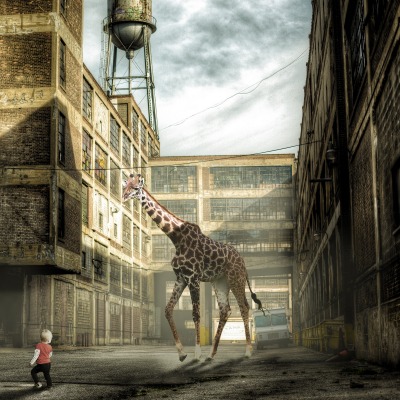 жираф с малышом в переулке