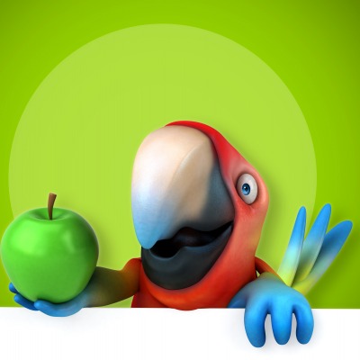 попугай, зелёный, яблоко, юмор, 3d графика, птичка