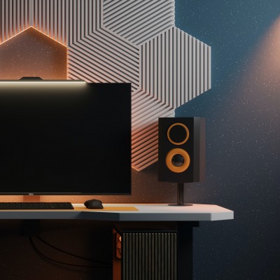 компьютер колонки стол монитор интерьер