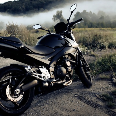 Черный мотоцикл в поле