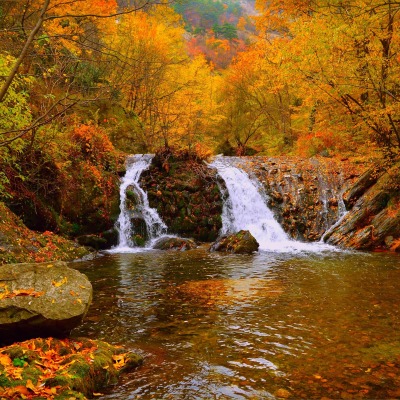 водопад лес речка осень вода