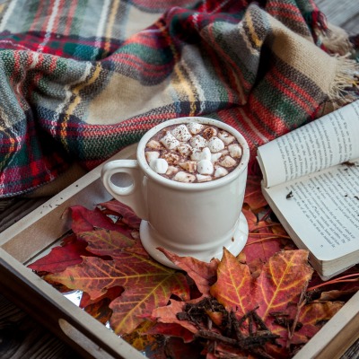 кофе поднос кленовые листья книга плед осень