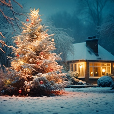 зима снег ель новый год елка домик огни
