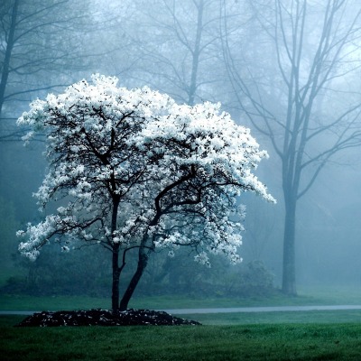 Цветущая вишня в циановом тумане