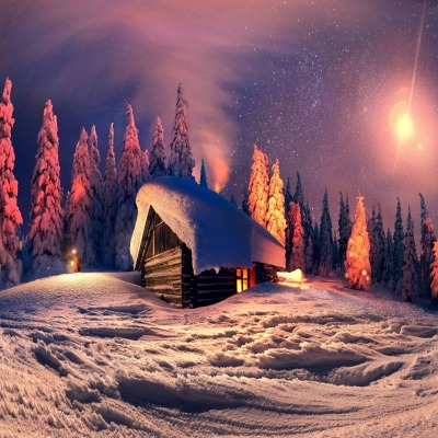 Ночное небо, домик, зима