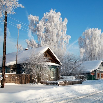 зима деревня иней снег