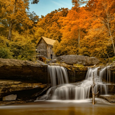 природа водопад деревья осень дом nature waterfall trees autumn the house