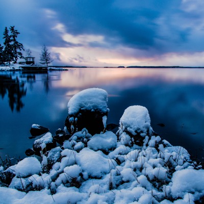 снег озеро вечер snow the lake evening