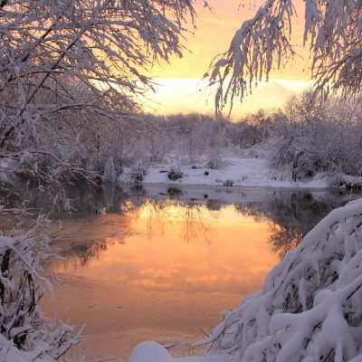 закат снег речка sunset snow the river