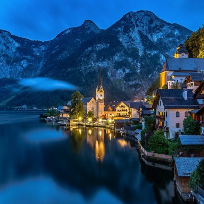 Гальштат австрия горы ночь огни город
