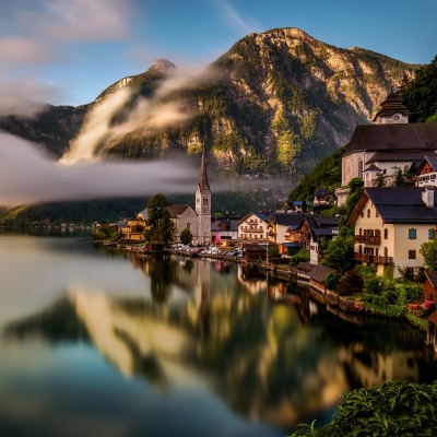 гальштат австрия деревня озеро облака гора