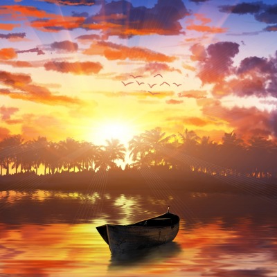 лодка рисунок закат озеро