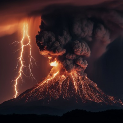 ночь вулкан извержение молния