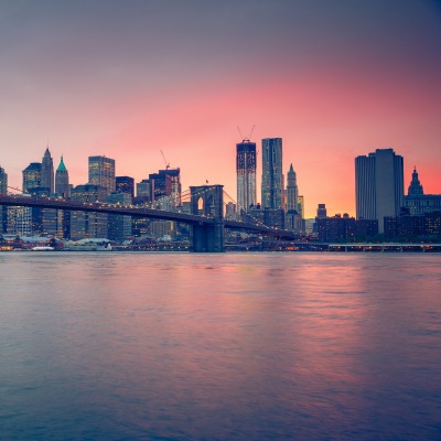 нью-йорк река мост сумерки вечер небоскребы