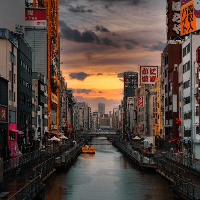осака япония город река закат мост лодка архитектура здание