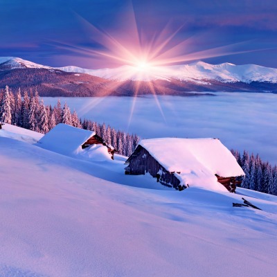 снег зима горы солнце лучи