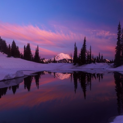 зима озеро горы сумерки на закате